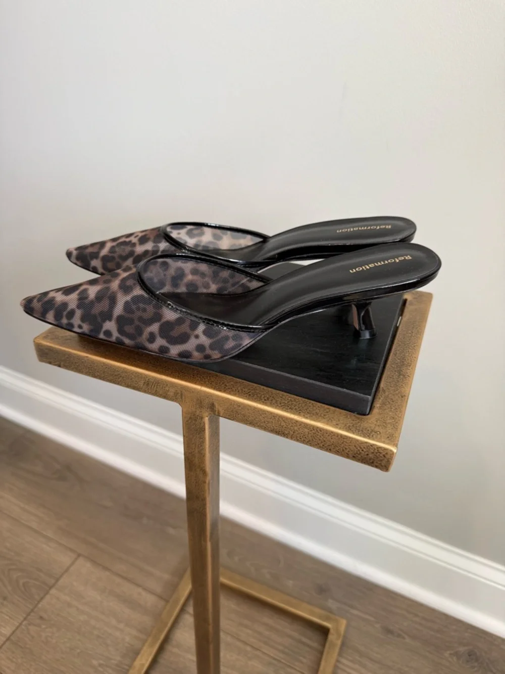 Reformation Wilda Kitten Heel Mules in a leopard print mesh fabric NWT - Picture 10 of 14